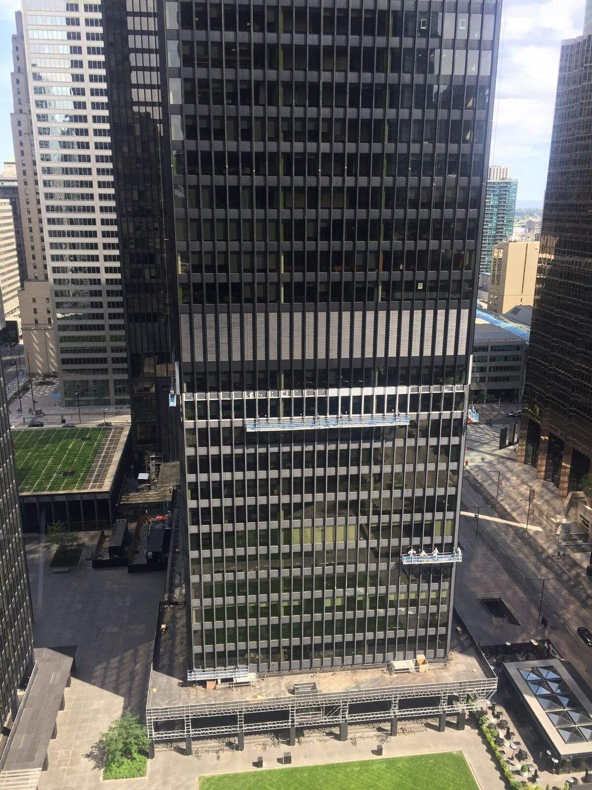 Modernized office lobby in an occupied tower